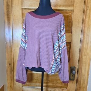 Umgee Mauve Knit Top with Patterned Sleeves L